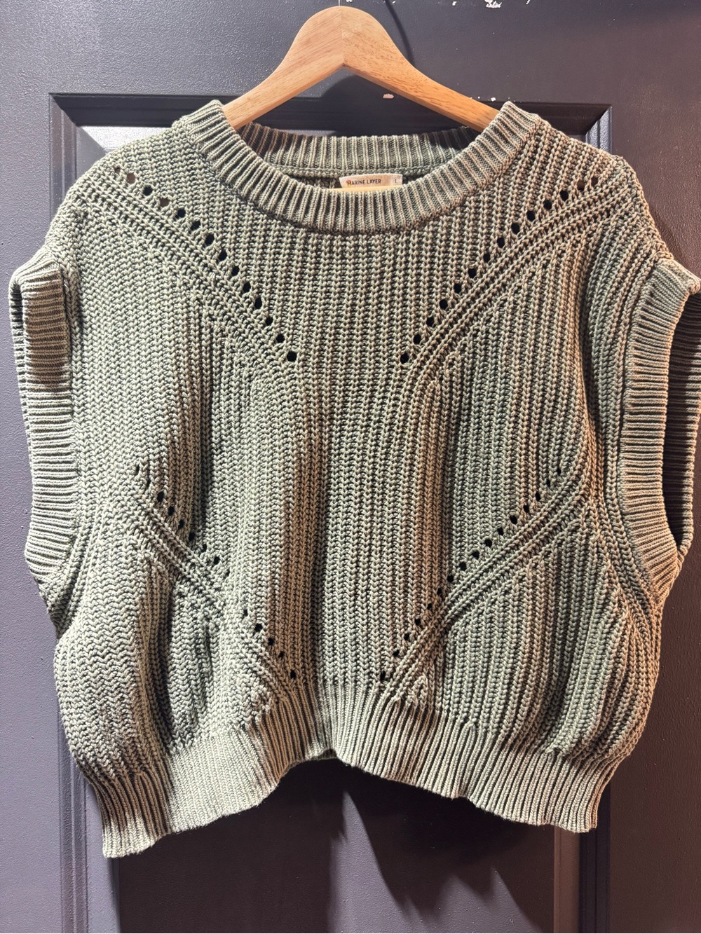 Marine Layer Olive Open-Knit Sleeveless Crewneck Sweater Vest